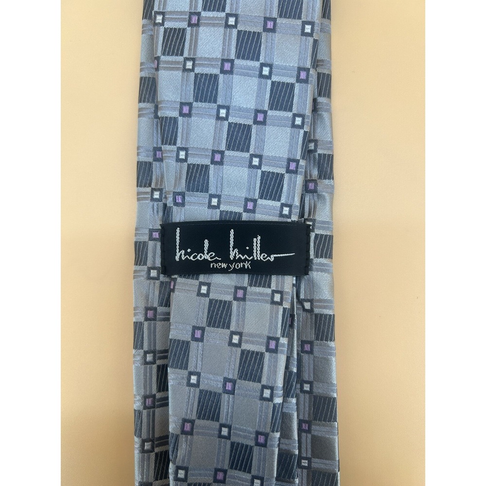 Nicole Miller Necktie Men NA Grey Excellent‎ Geometric Grid Silk Blend
